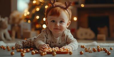 Cute toddler with reindeer antlers enjoying festive treats by the Christmas tree during the holiday season photo