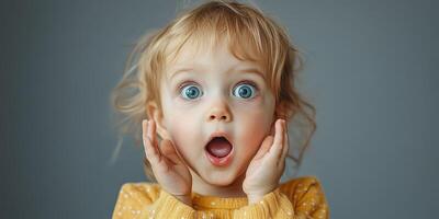 Child expresses surprise with open eyes and hands on cheeks in a cozy indoor setting photo