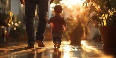 Father and child enjoy sunset walk through indoor garden filled with plants and soft light photo