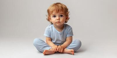 Sweet toddler sitting on the floor in a light blue outfit with an inquisitive expression photo