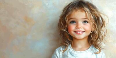 Smiling young girl with curly hair in a light-colored setting capturing joy and innocence photo