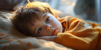 Young child resting on a bed during a serene morning light with soft shadows in a cozy room photo
