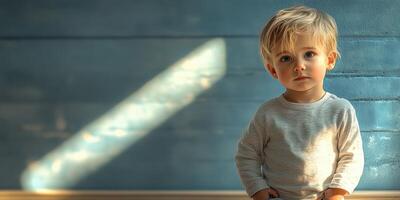Young boy standing alone in a softly lit room with a blue painted wall during the late afternoon photo