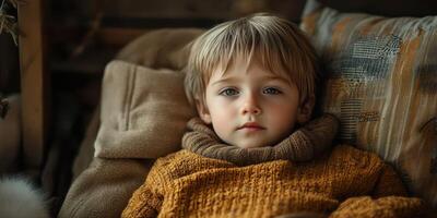 Cozy child resting indoors in warm knitwear during a tranquil afternoon photo
