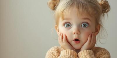Child shows surprise with wide eyes and open mouth while resting hands on cheeks indoors during daytime photo