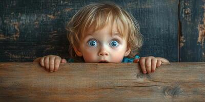 Child with wide eyes expressing surprise while peeking over a wooden surface in a cozy indoor setting photo