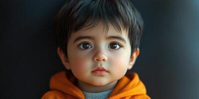 Child with expressive gaze wearing bright hoodie against dark background in a cozy indoor setting photo