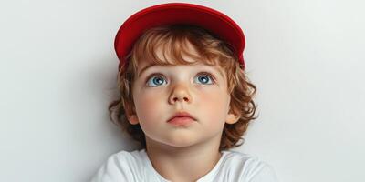 Curious child gazing upward in red cap with expressive eyes against a plain background photo