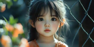 Portrait of a young girl with large expressive eyes surrounded by nature during daytime photo