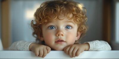 Curious child with curly hair peeking over a white surface in a cozy indoor setting during daytime photo