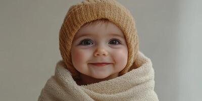 Smiling baby wrapped in a cozy blanket and wearing a knitted hat during a calm indoor moment photo