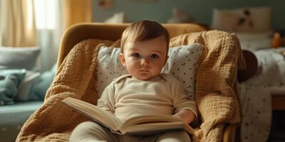 Toddler reading a book in a cozy nursery during the daytime photo