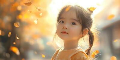 Young girl enjoying autumn leaves in a park during sunset with golden light illuminating her face photo