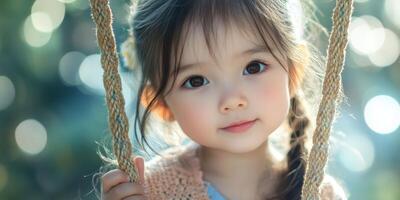 Young girl enjoying a sunny day on a swing in a lush outdoor setting surrounded by greenery photo