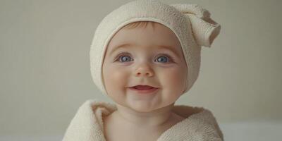 Bright smile of a baby wrapped in a towel with a cute headband in a soft, neutral setting photo