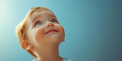 Child gazes up with joy against a bright sky, capturing a moment of wonder and happiness photo