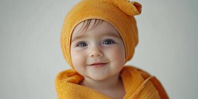 Baby with joyful smile wearing soft yellow towel at home in cozy atmosphere during daytime photo