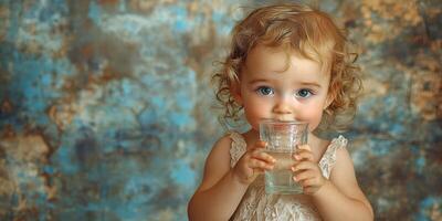 Sweet child sipping water in front of a colorful background during a sunny afternoon photo