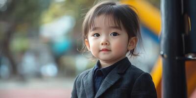 Cute young child dressed in formal attire at a playground during a sunny day, enjoying the outdoors and posing for photos