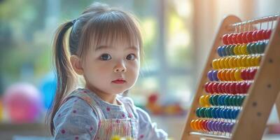 Toddler engaged with colorful abacus in playful learning activity at sunny indoor space photo