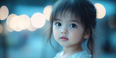 Child gazing thoughtfully with illuminated background at twilight, capturing innocence and wonder photo