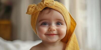 Smiling baby with yellow towel and bright blue eyes enjoys cozy indoor moment in soft morning light photo