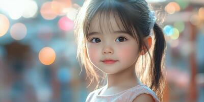 Young girl with ponytail smiles gently in a vibrant outdoor setting during golden hour light in an urban area photo