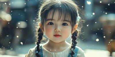 Young girl with braided hair enjoying a snowfall in an outdoor setting during winter photo