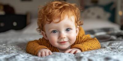 Baby with curly red hair smiling on a bed during indoor playtime in cozy home environment photo
