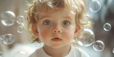 Child fascinated by floating bubbles in a bright indoor environment during a playful afternoon photo