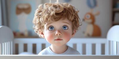 Curious toddler with curly hair sits in a crib surrounded by playful decor in a bright room during daytime photo