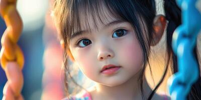 Cute child on a swing enjoying a sunny day at the park with colorful playground equipment photo