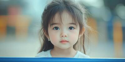 Young child with long hair gazes curiously at the camera in a playground during daylight photo