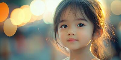 Little girl gazing softly with a warm evening glow in the background near a bustling street market photo