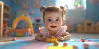 Happy baby playing with toys on colorful play mat in a bright, cheerful room during daylight hours photo