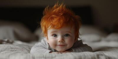 Cute baby with bright red hair smiles while lying on a bed in soft lighting during a cozy indoor moment photo