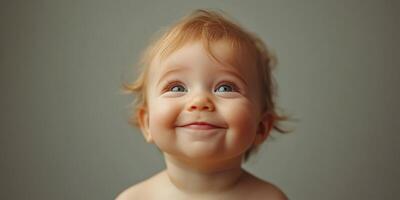 Smiling baby with curly hair gazes upward, radiating joy in a soft-lit indoor setting photo