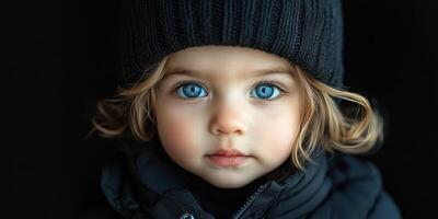 Child with striking blue eyes wearing a black hat against a dark background during a chilly season photo