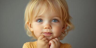 Curious toddler gazes with bright blue eyes while playing indoors in soft lighting photo