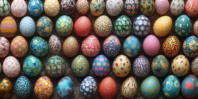 Colorful handcrafted eggs displayed in a vibrant array, perfect for festive celebrations and art appreciation photo
