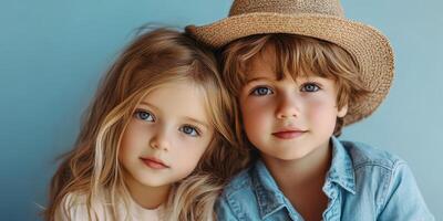 Two children with blue eyes and light hair pose together against a simple background photo