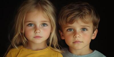Young children with striking blue eyes and soft expressions pose together against a dark backdrop photo