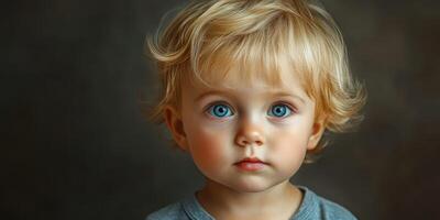 Portrait of a child with blue eyes and blonde hair expressing curiosity indoors photo