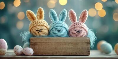 Colorful crochet bunny decorations with pastel eggs in a cozy setting for spring celebrations photo