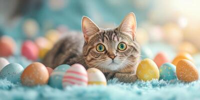 Playful cat surrounded by colorful Easter eggs on a soft blue background in bright afternoon light photo