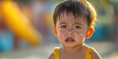 Young child shows emotion while playing outdoors in bright sunlight at a playground during the daytime photo