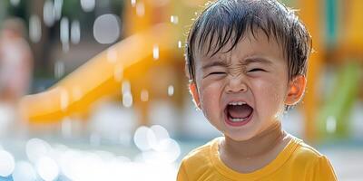 Child joyfully plays in water at a sunny playground during summer afternoon photo