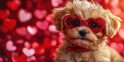 Cute puppy wearing heart-shaped glasses surrounded by a multitude of red hearts for Valentines celebration photo