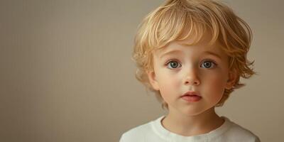 Young child with curly blonde hair and expressive eyes gazing thoughtfully at the camera in a neutral-toned setting photo