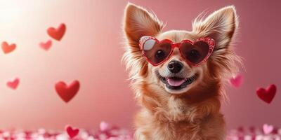 Cute dog wearing heart-shaped sunglasses surrounded by floating hearts in a festive atmosphere celebrating love photo